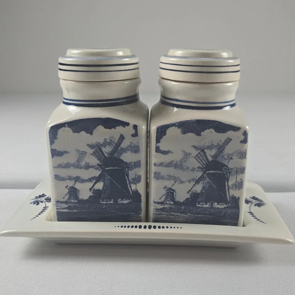 Vintage Delfts Blauw Condiment Set 2 Jars And Tray Hand Painted, Holland